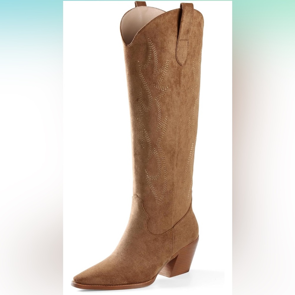 Faux Leather Suede Knee High Cowgirl Boots - light brown